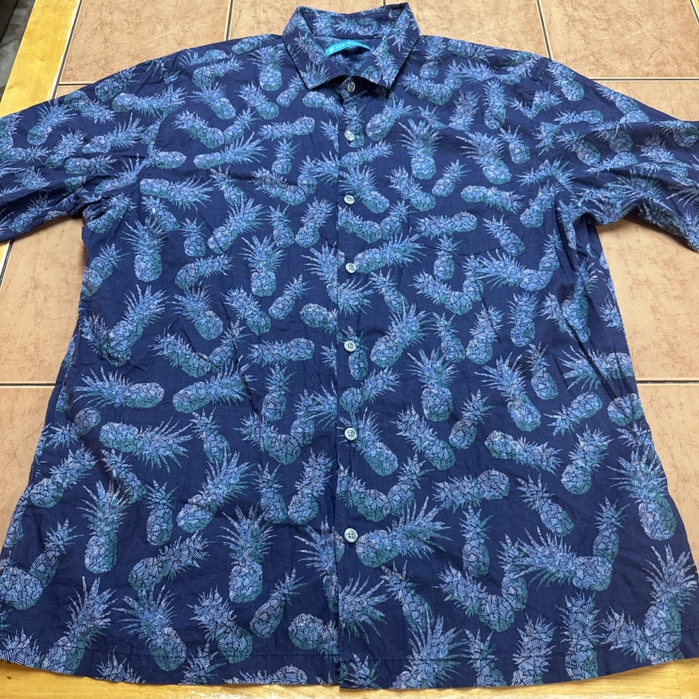 Tori Richard Cotton Lawn Hawaiian Shirt Sz Large Blue Pineapples Hawaii USA Made